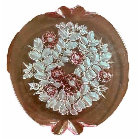 Mikasa Rosella Vintage Walther Crystal Cake Plate Floral Pink /Red Frosted 14” - Picture 2 of 8